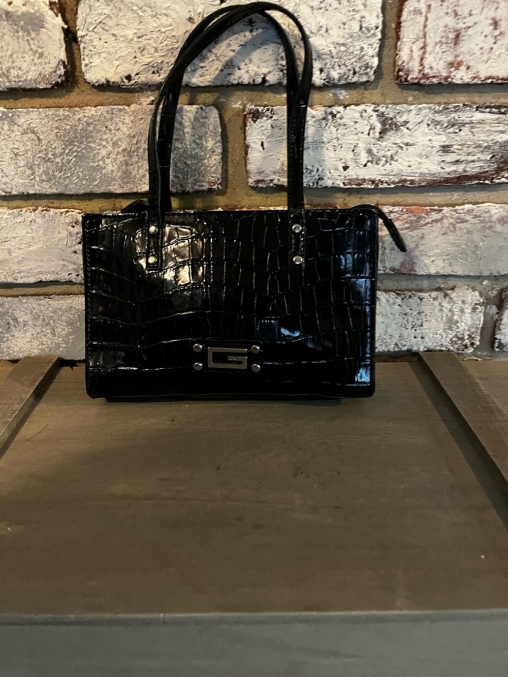 Guess mini Black Croc-Embossed Patent Tote